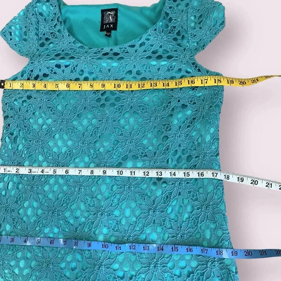 JAX Cap Sleeves Eyelet Crocheted Lace Shift Dress Pleated Hem Size 12 Teal Retro - Picture 14 of 16